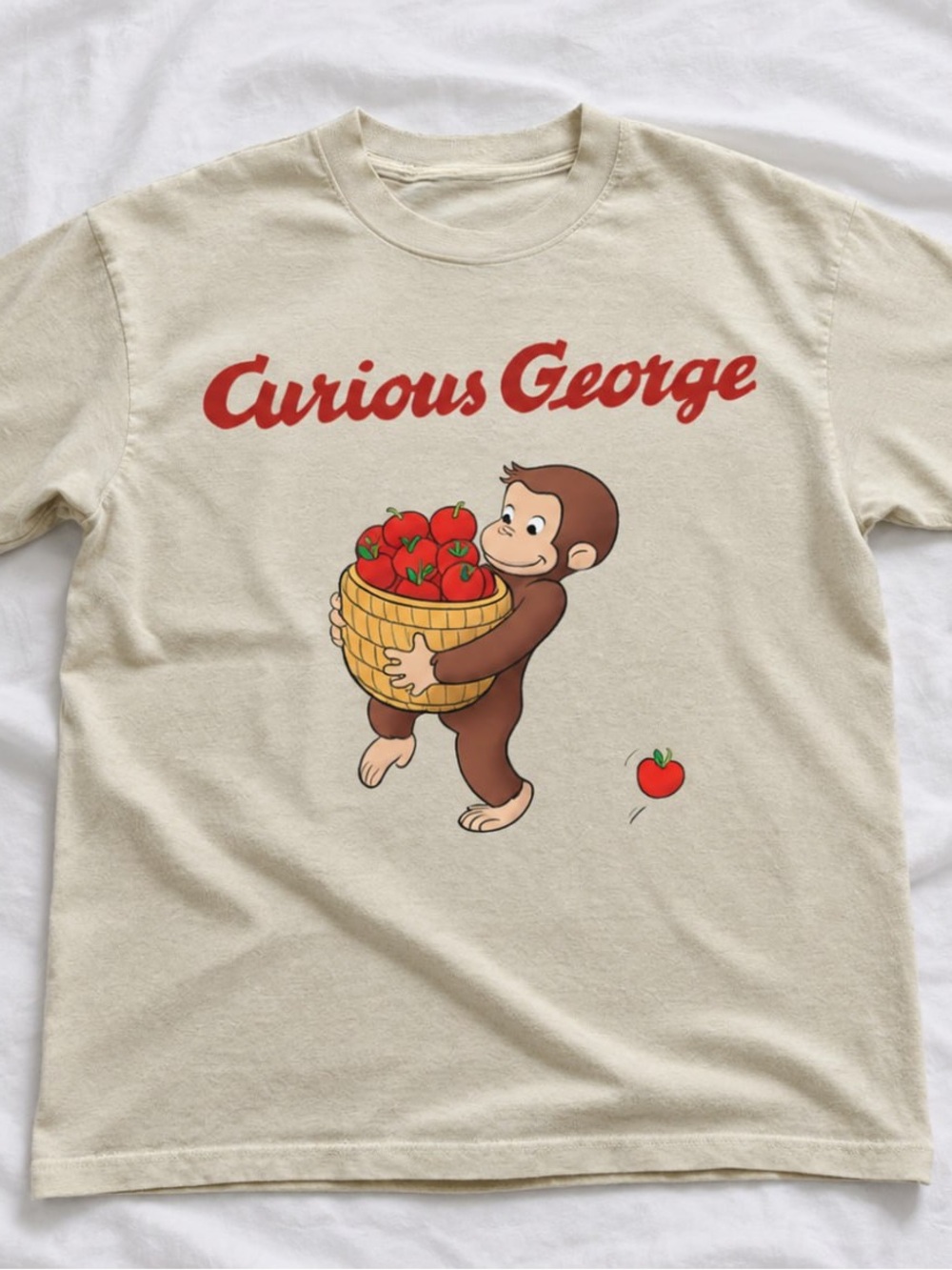 Red Curious George Gildan Cream Tee Graphic